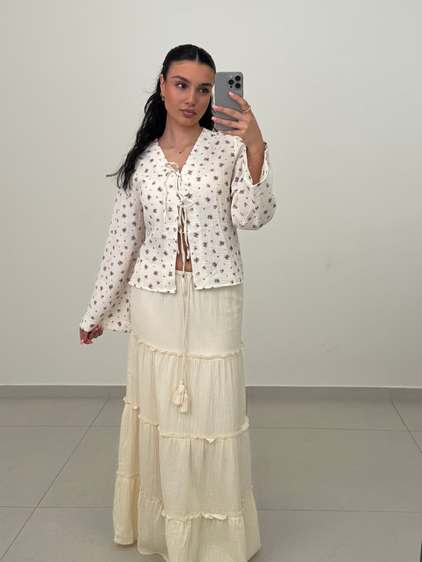 Bluse Musselin langarm zum Schnüren - Flora