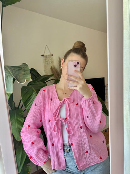 Bluse Langarm zum Binden mit Herzchen - Lulu rosa