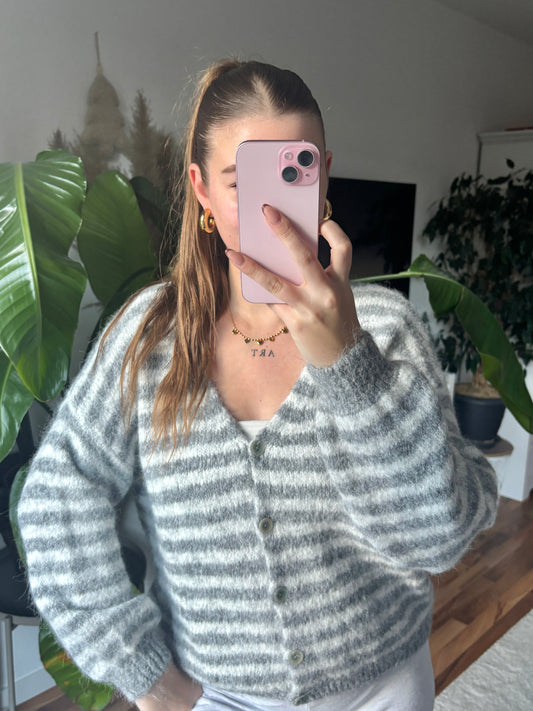Cardigan Stripe V-Neck Linn - grau