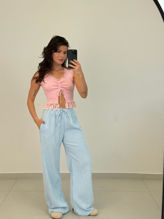 Hose Musselin gestreift tall - Mara / blau