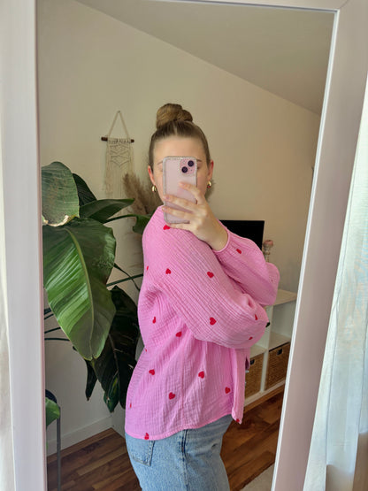 Bluse Langarm zum Binden mit Herzchen - Lulu rosa