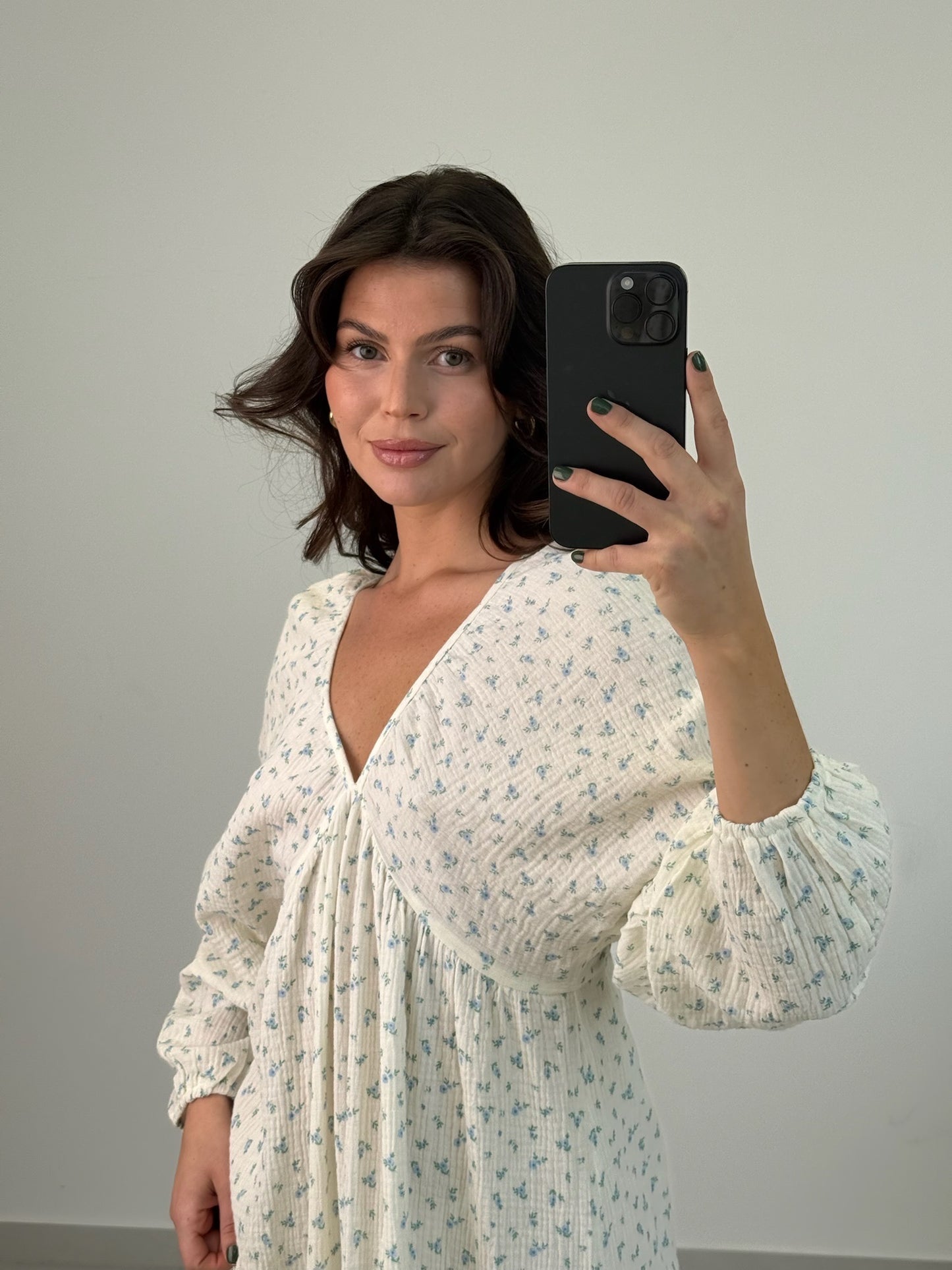 Maxikleid Musselin langarm - Lilou / weiß-blau