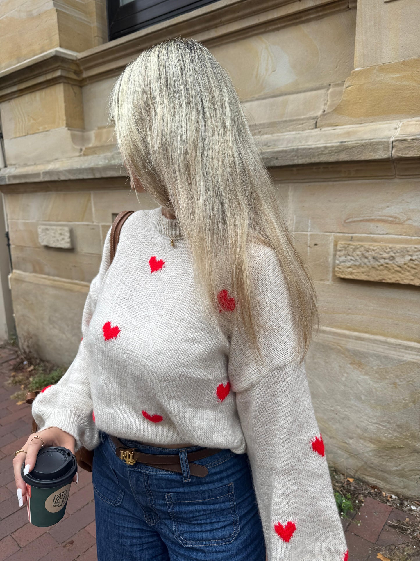 Oversize Pullover Herzchen - Jana / beige/rot