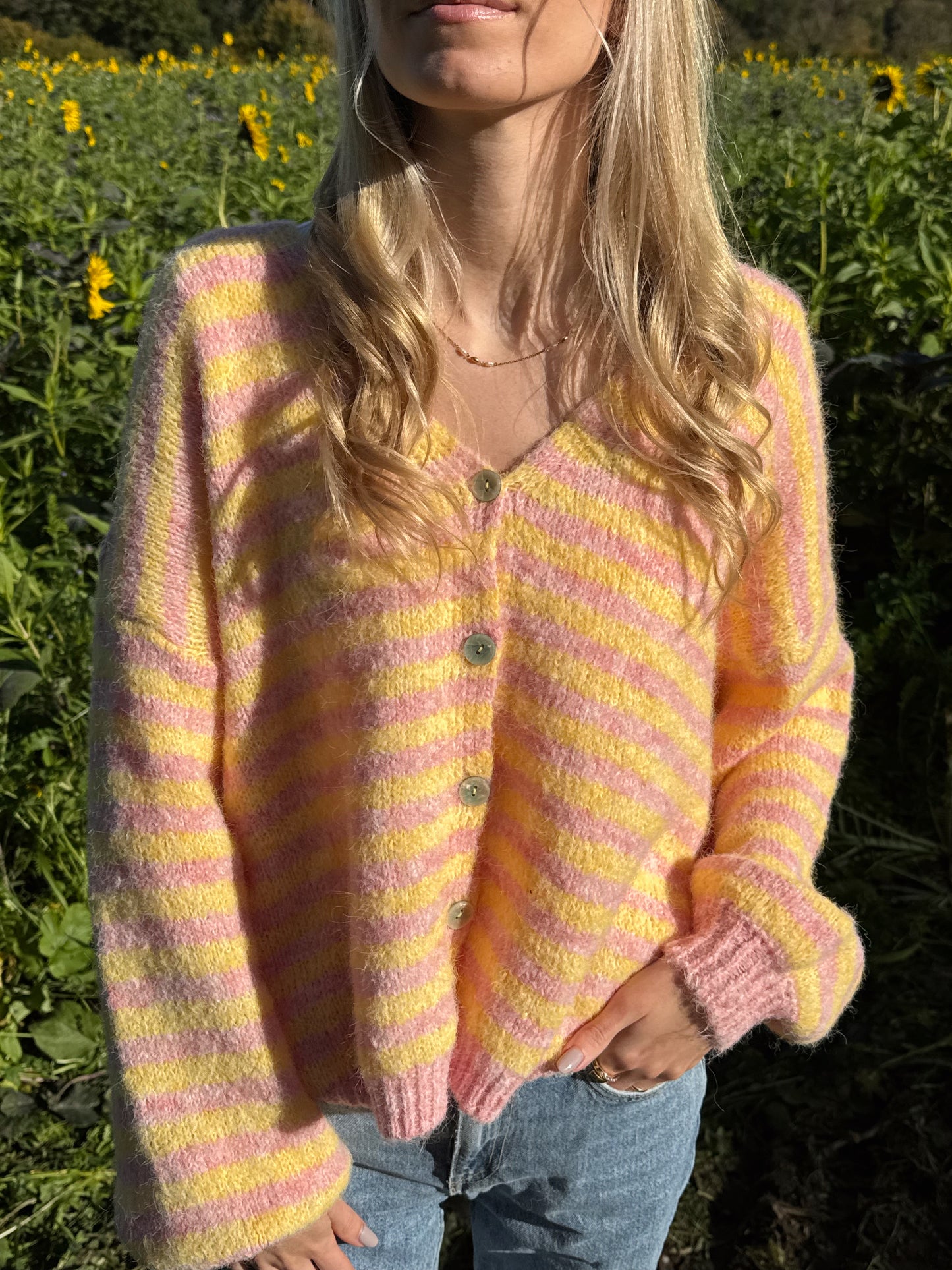 Cardigan Stripe V-Neck Linn - gelb/rosa