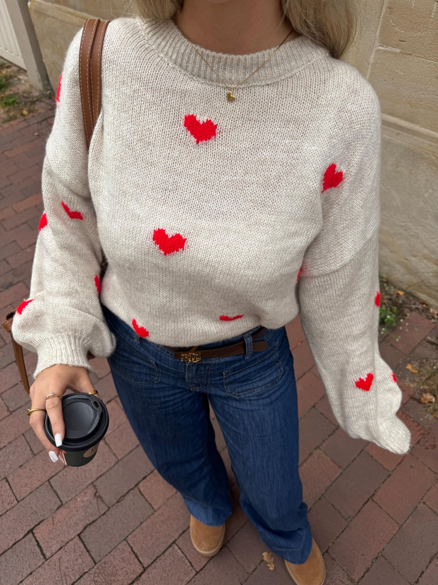 Oversize Pullover Herzchen - Jana / beige/rot