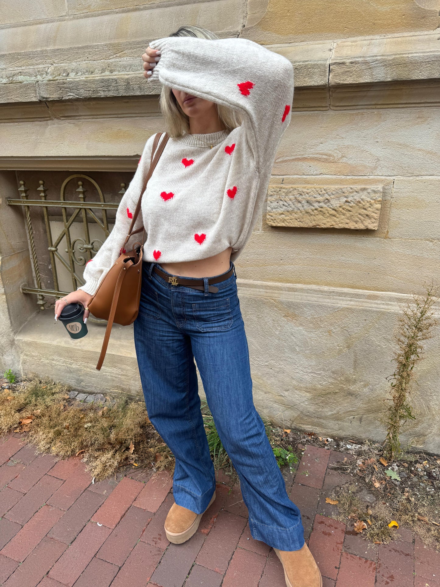 Oversize Pullover Herzchen - Jana / beige/rot