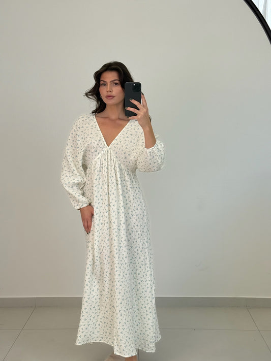 Maxikleid Musselin langarm - Lilou / weiß-blau