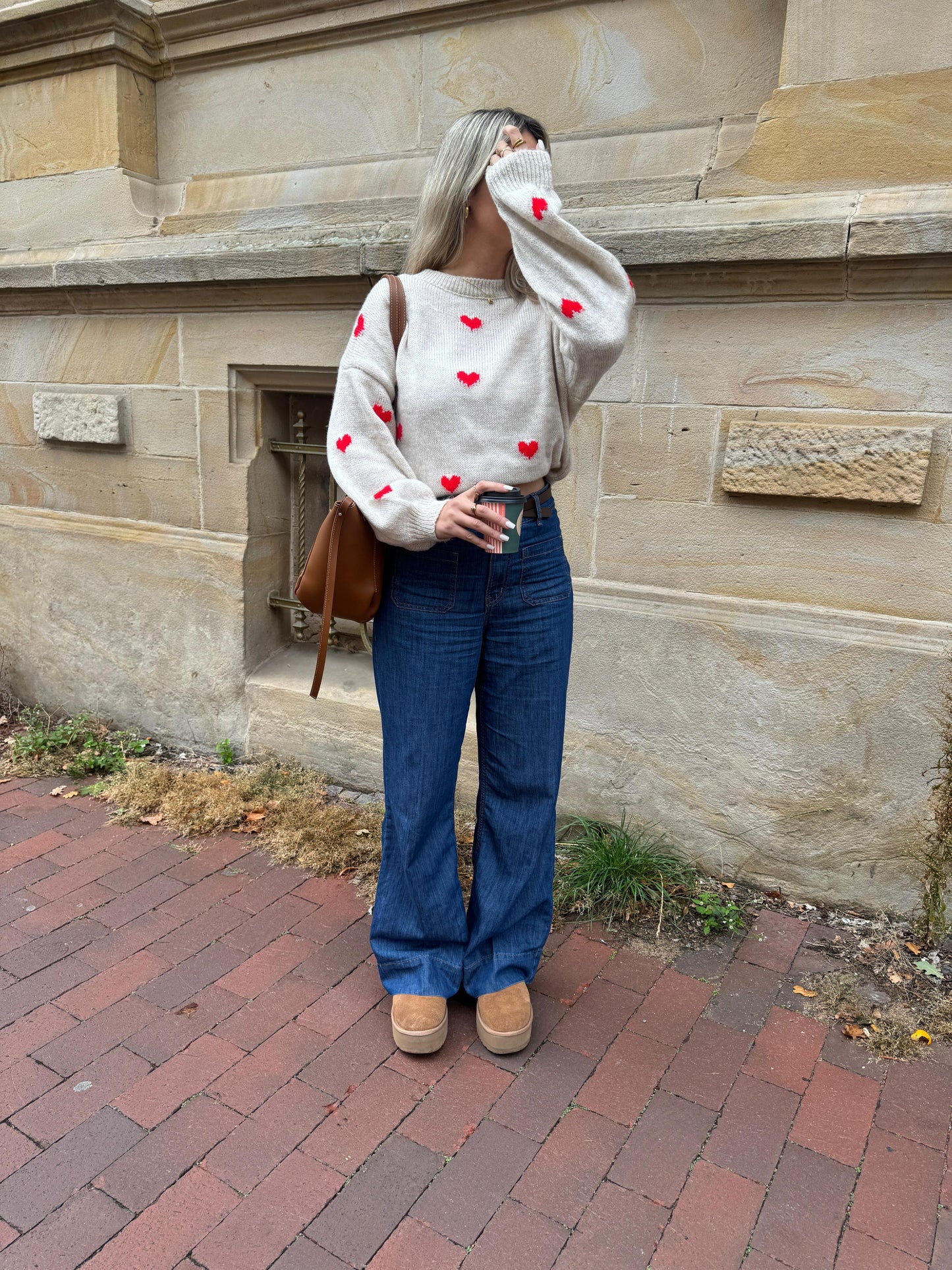 Oversize Pullover Herzchen - Jana / beige/rot