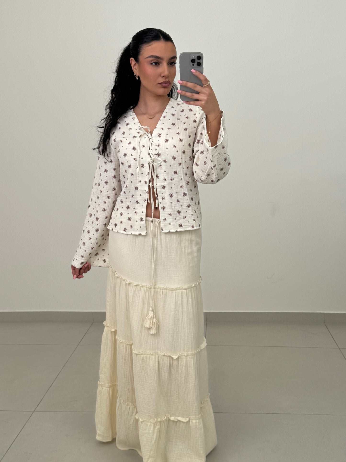 Bluse Musselin langarm zum Schnüren - Flora