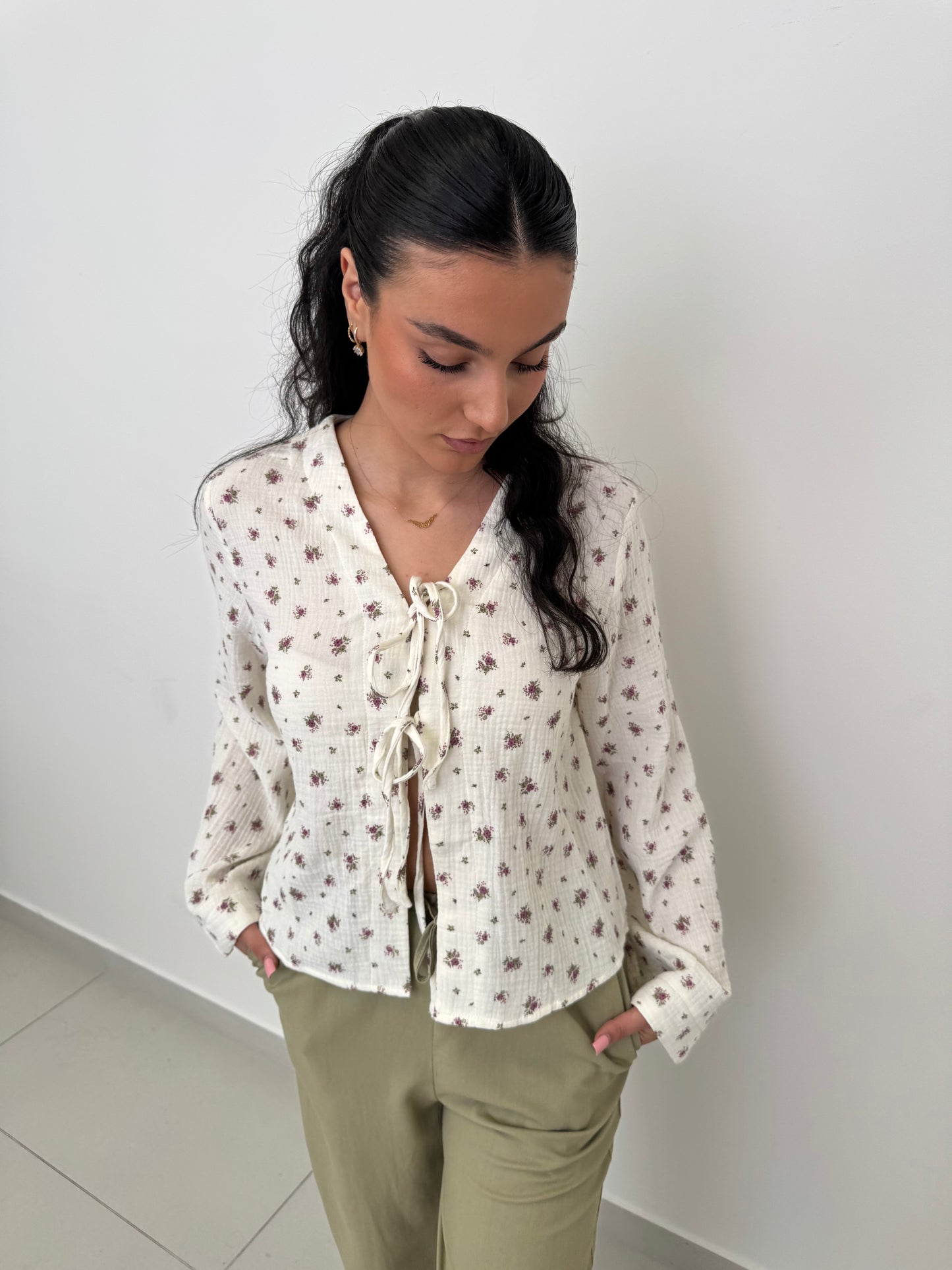 Bluse Musselin langarm zum Schnüren - Flora
