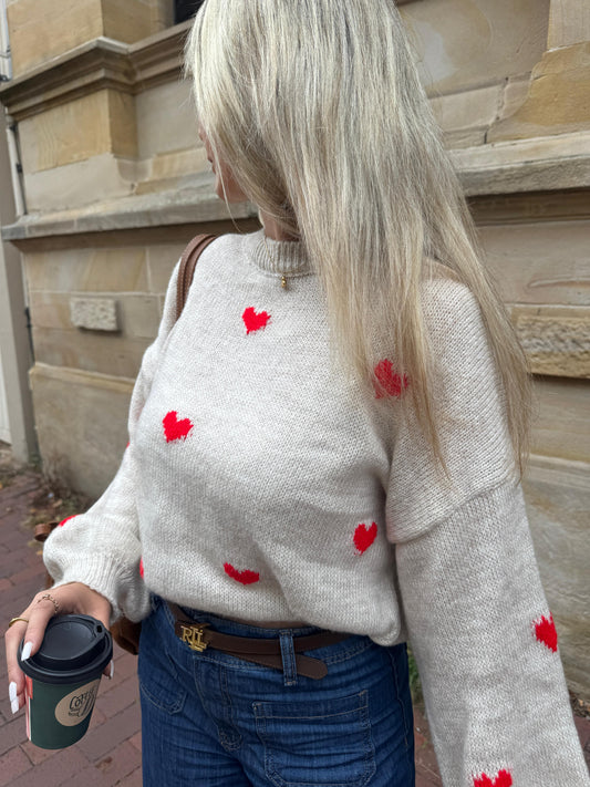 Oversize Pullover Herzchen - Jana / beige/rot