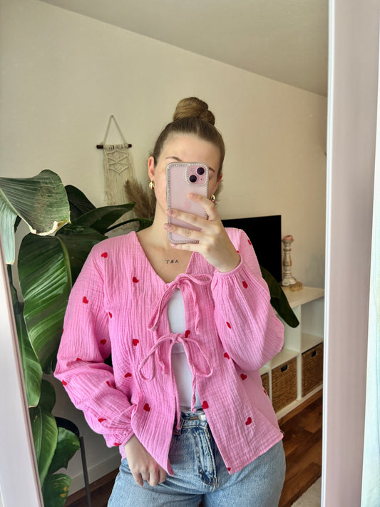 Bluse Langarm zum Binden mit Herzchen - Lulu rosa