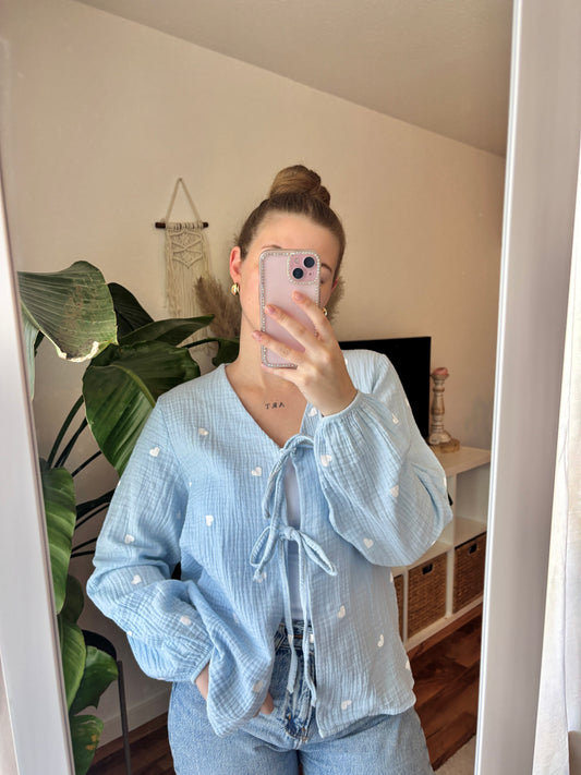 Bluse Langarm zum Binden mit Herzchen - Lulu blau